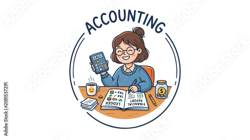 Cute hand drawn illustration of a young accountant working at a desk.