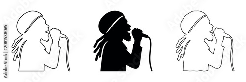 Iconic reggae singer silhouette with dreadlocks holding a microphone and singing