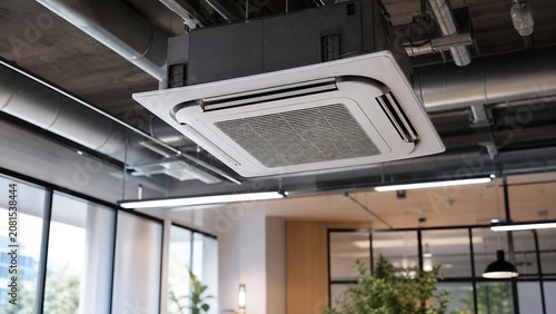 Sleek ceiling air conditioning system in a stylish office filled with natural light and a minimalist aesthetic promoting comfort and productivity in a modern workspace