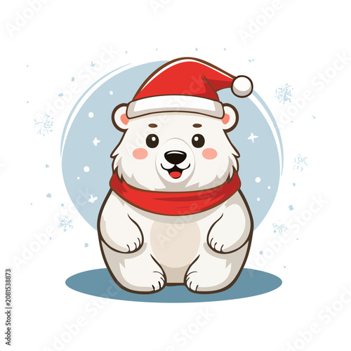 Cute cartoon polar bear in Santa hat and scarf