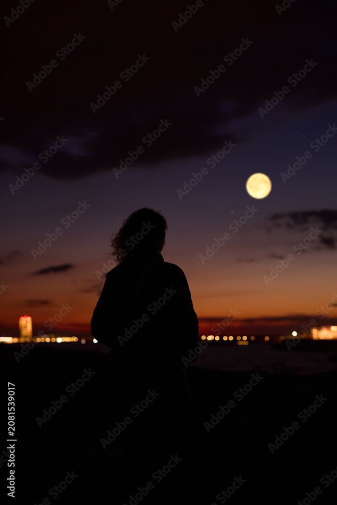 Fototapeta premium Woman observing stars, planets, Moon and other celestial objects.