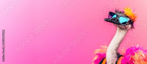 A colorful ostrich wearing sunglasses and a vibrant feather boa against a pink background. The scene is playful and whimsical, showcasing the bird's unique personality.