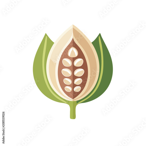 Flat illustration of cocoa pod with beans and leaves