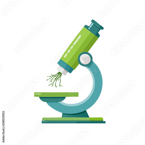 Flat vector illustration of a microscope examining a plant