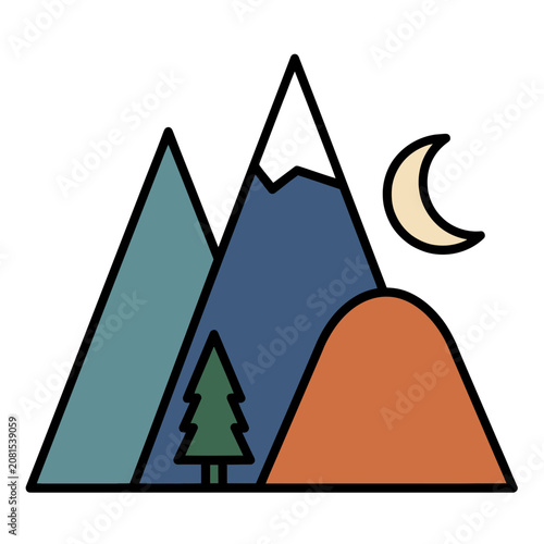 Flat vector illustration of mountain landscape with moon
