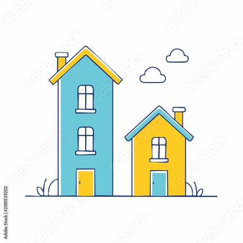 Two cartoon houses, one tall blue and one short yellow, with clouds