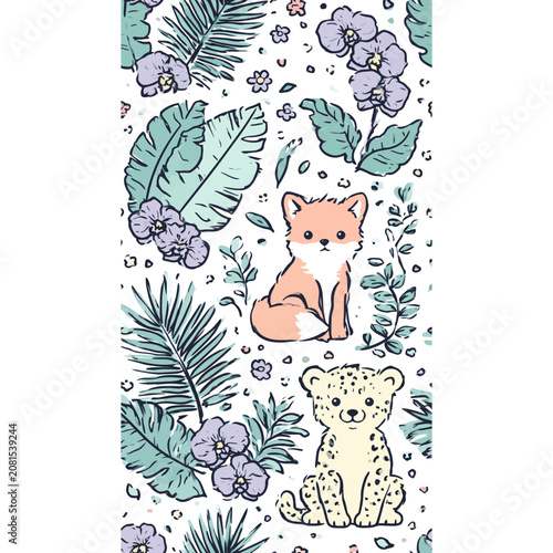 Cute Fox and Leopard Cubs in Tropical Floral Pattern