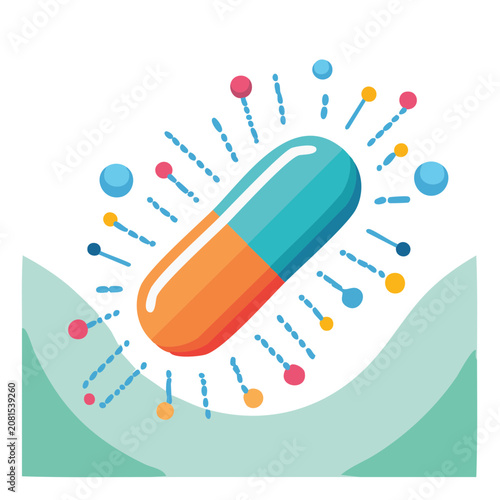 Capsule pill with molecular particles vector illustration
