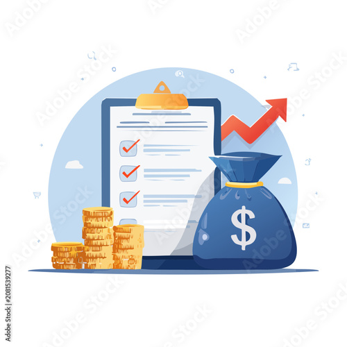 Financial growth concept with clipboard, money bag, and coins
