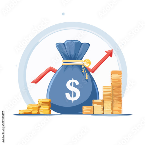 Money bag with coins and growth graph vector illustration