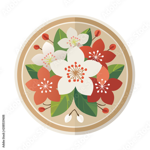 Circular cherry blossom and red flower vector illustration