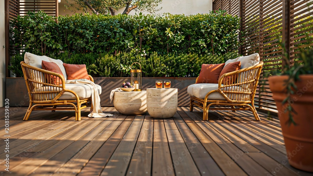 Fototapeta premium Modern outdoor patio with comfortable wicker furniture and cozy fire pit