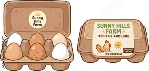 Fotografía Open and Closed Egg Cartons with Fresh Free-Range Eggs and Farm Packaging Label