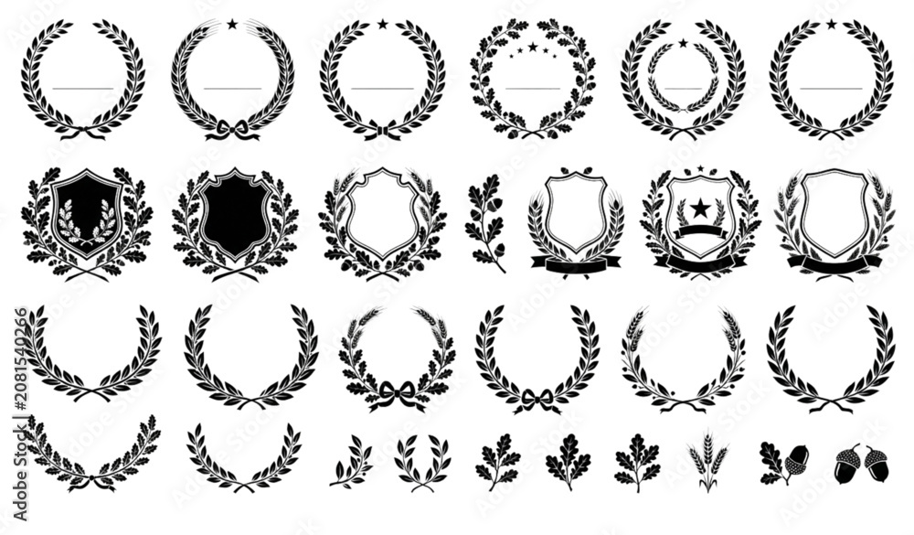 Fototapeta premium Classic Laurel Wheat and Oak Wreath Silhouette Bundle for Certificates Logos and Heraldic Emblems