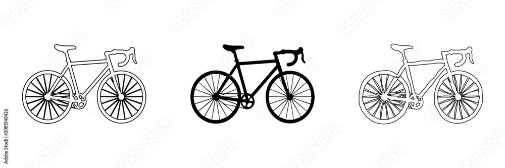 Fototapeta premium Three bicycle icons in different styles: outline, solid, and hand-drawn