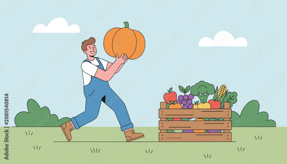Naklejka premium Happy professional farmer holding a giant pumpkin and carrying it to a wooden crate full of freshly harvested vegetables.