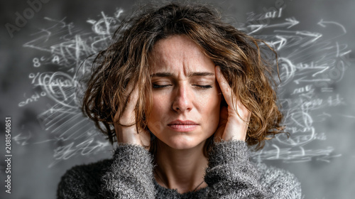 A woman closes her eyes and presses her temples in visible distress, surrounded by chalk-drawn equations and arrows suggesting racing thoughts, mental overload and stress.