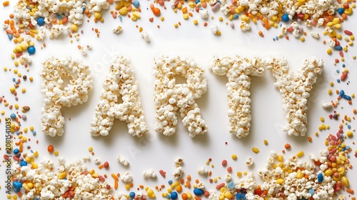 Words made of popcorn and candy shapes create a party theme