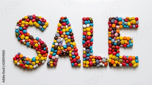 Colorful candy letters spelling sale on a white background