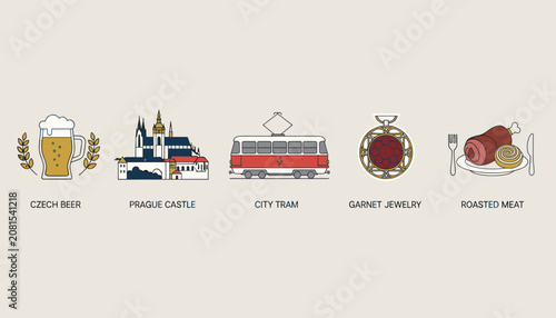 Prague tourism infographic icons presenting Czech beer, castle, city tram, garnet jewelry, and roasted meat.