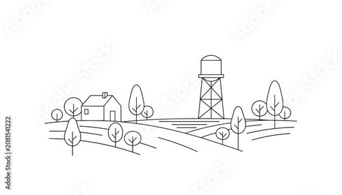 Simple outline vector illustration of a peaceful farm landscape with hills, trees, small house, and water tower.