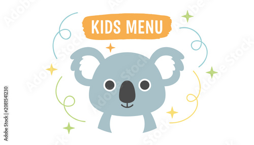 Cute koala bear head illustration under an orange banner with kids menu text decorated with colorful stars and swirls.