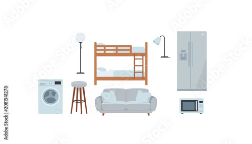 Collection of modern household items including bunk bed, washing machine, sofa, refrigerator, microwave, stool, and lamps.