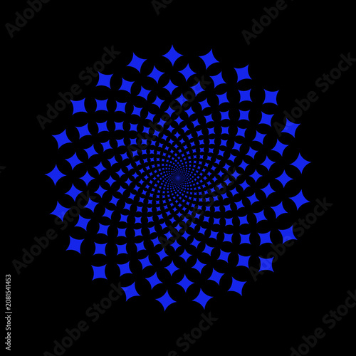 Spiral pattern of blue four-point stars forming a hypnotic vortex