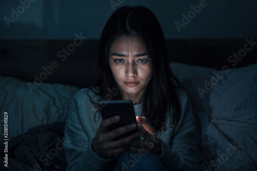 Woman with a worried expression uses her mobile phone at night in bed, reading a text message with bad news, experiencing stress and sadness at home