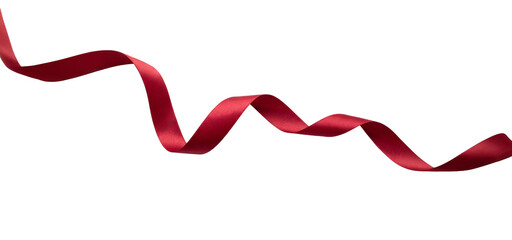 Red satin ribbon waving on transparent background.Flowing red ribbon cutout PNG element for Christmas and gift design