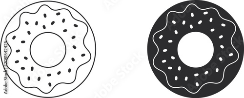 Sugar Donut Icon Set Featuring Sprinkles, Sweet Pastry, and Bakery Dessert Symbols in Black and White