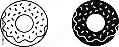 Sugar Donut Icon Set Featuring Sprinkles, Sweet Pastry, and Bakery Dessert Symbols in Black and White