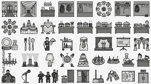 Industrial Style Black and White Line Drawing Icons Set Featuring Hotel Restaurant Bar and Event Elements
