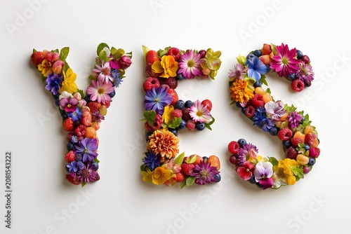Floral arrangement spells out yes in bright colors