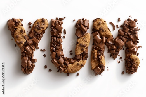 Delicious cookie letters spelling yum with chocolate pieces