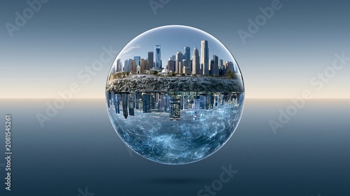 City skyline encapsulated within a crystal-clear sphere, showcasing meticulous architectural details and their serene.