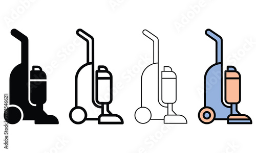 Collection of four different styles of upright vacuum cleaner icons with wheels and hose