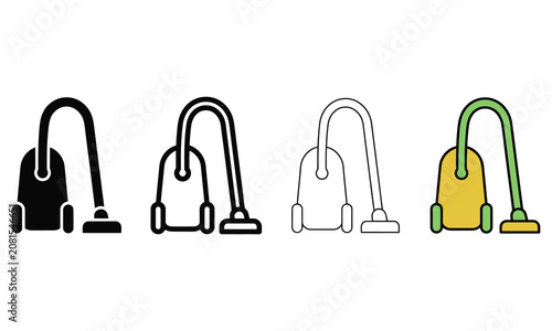 Four different vacuum cleaner icons in varied styles and colors illustration