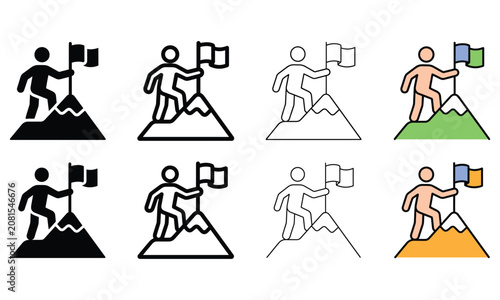 Collection of stylized icons depicting a person climbing a mountain and raising a flag representing success