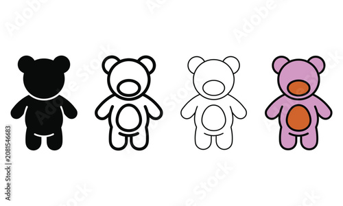 Set of four stylized teddy bear graphic illustrations in different colors and styles on a white backdrop