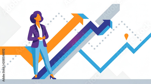 Businesswoman in purple blazer standing with upward trending graph arrows