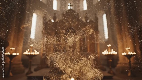Magical golden particles swirling inside a dimly lit ancient church interior with glowing candles.