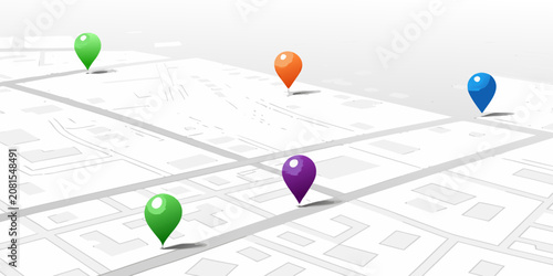 Fotografie Street Map With Location Pins 3d Rendering White Background
