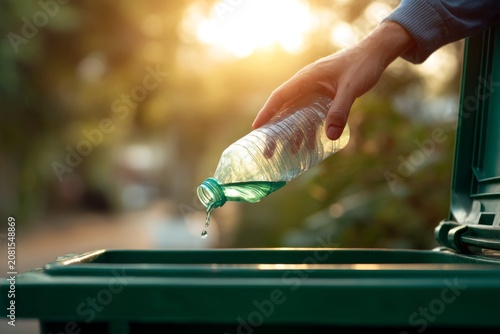 Hand dropping a plastic bottle into a recycling bin under soft sunlight highlighting responsible waste management and environmental consciousness. Generative AI