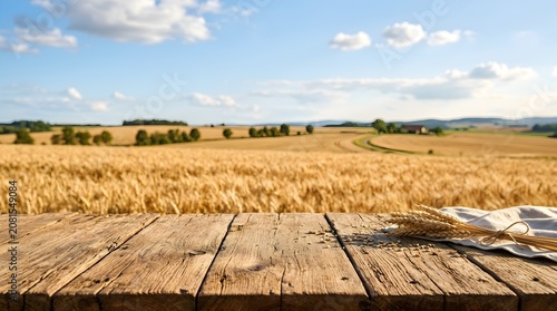 Productive wheat field used by hay producers with wooden table copy area