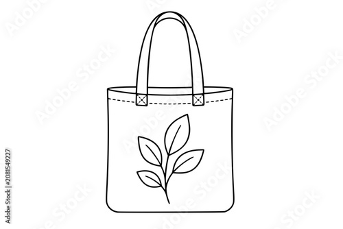 Reusable tote bag vector icon illustration with botanical leaf print, clean outline handles, minimalist hand-drawn shopping accessory for eco lifestyle, zero waste markets, and retail