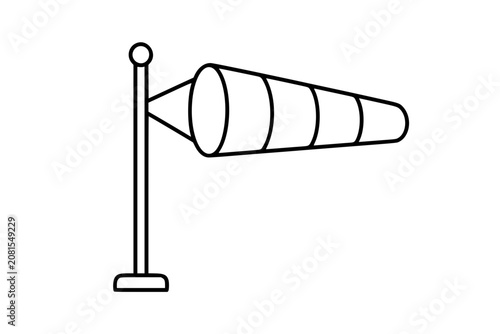 Clean windsock vector icon illustration with tall mast, round finial and tapered striped sleeve, hand-drawn outline for airport runway safety, wind direction, weather station and aviation signs