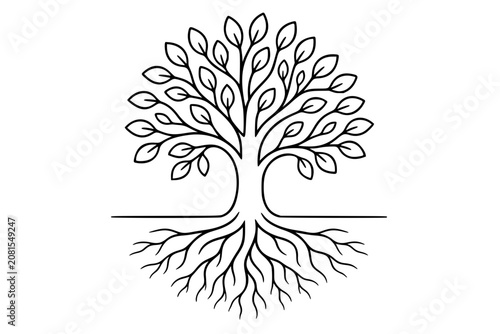 Tree with roots vector illustration in hand-drawn outline style, leafy canopy and branching underground system, minimalist black line icon for ecology, growth, nature, ancestry and sustainability