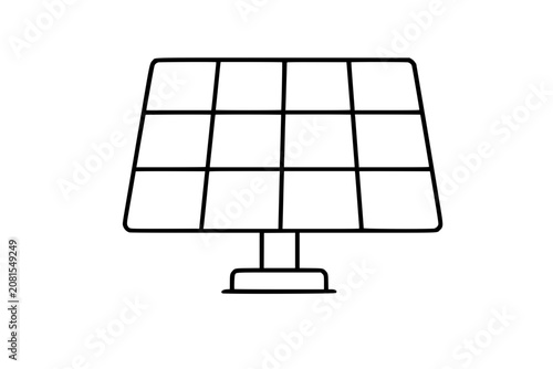 Solar panel renewable energy vector icon with grid cells on a stand, clean black outline illustration for sustainability, power generation, green technology, climate action, and eco design