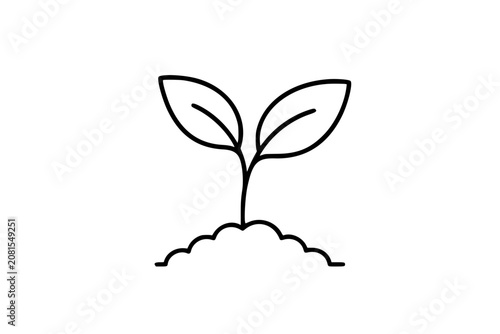 Simple seedling sprout vector icon with twin leaves emerging from a soft soil line, black outline illustration for eco growth, gardening, agriculture, sustainability, planting, and nature branding